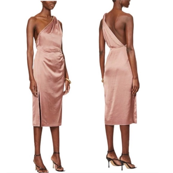 Reiss Adaline Satin Crepe Open Back Asymmetrical Chain Detail Cocktail Dress NEW - Picture 2 of 16